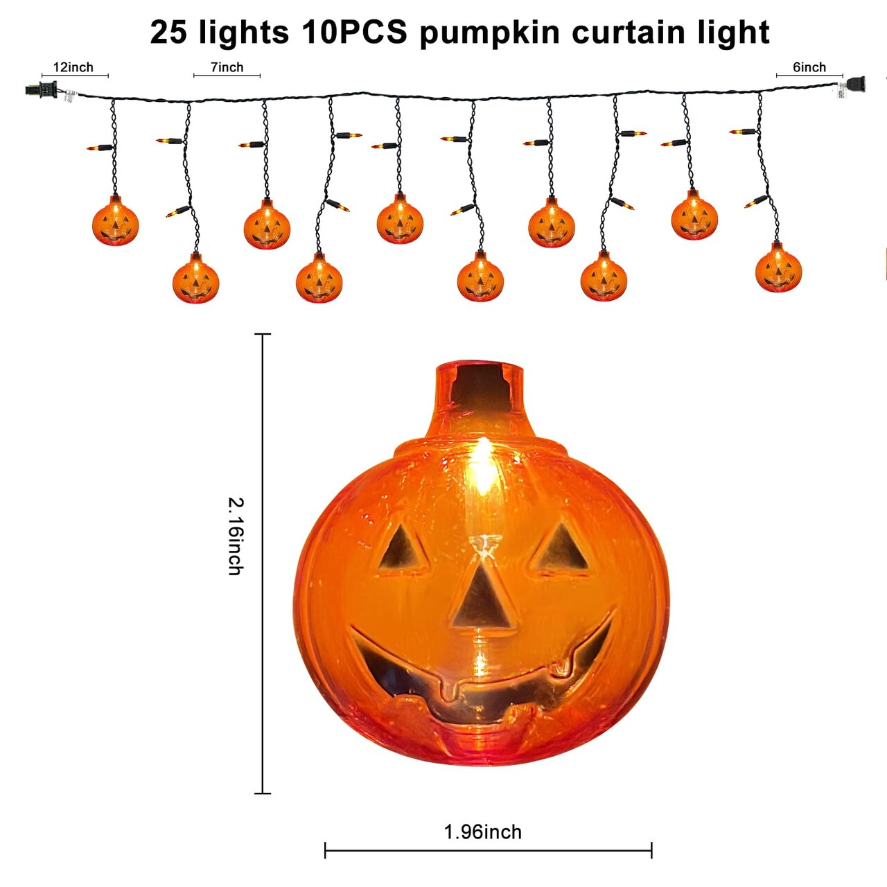Halloween 7FT Pumpkin Curtain Lights with 10 Waterproof Pumpkin String Lights, 25 LED Halloween Themed Lights for Windows, Porches, Stairs, Bars, Outdoor, Indoor Party Decorations